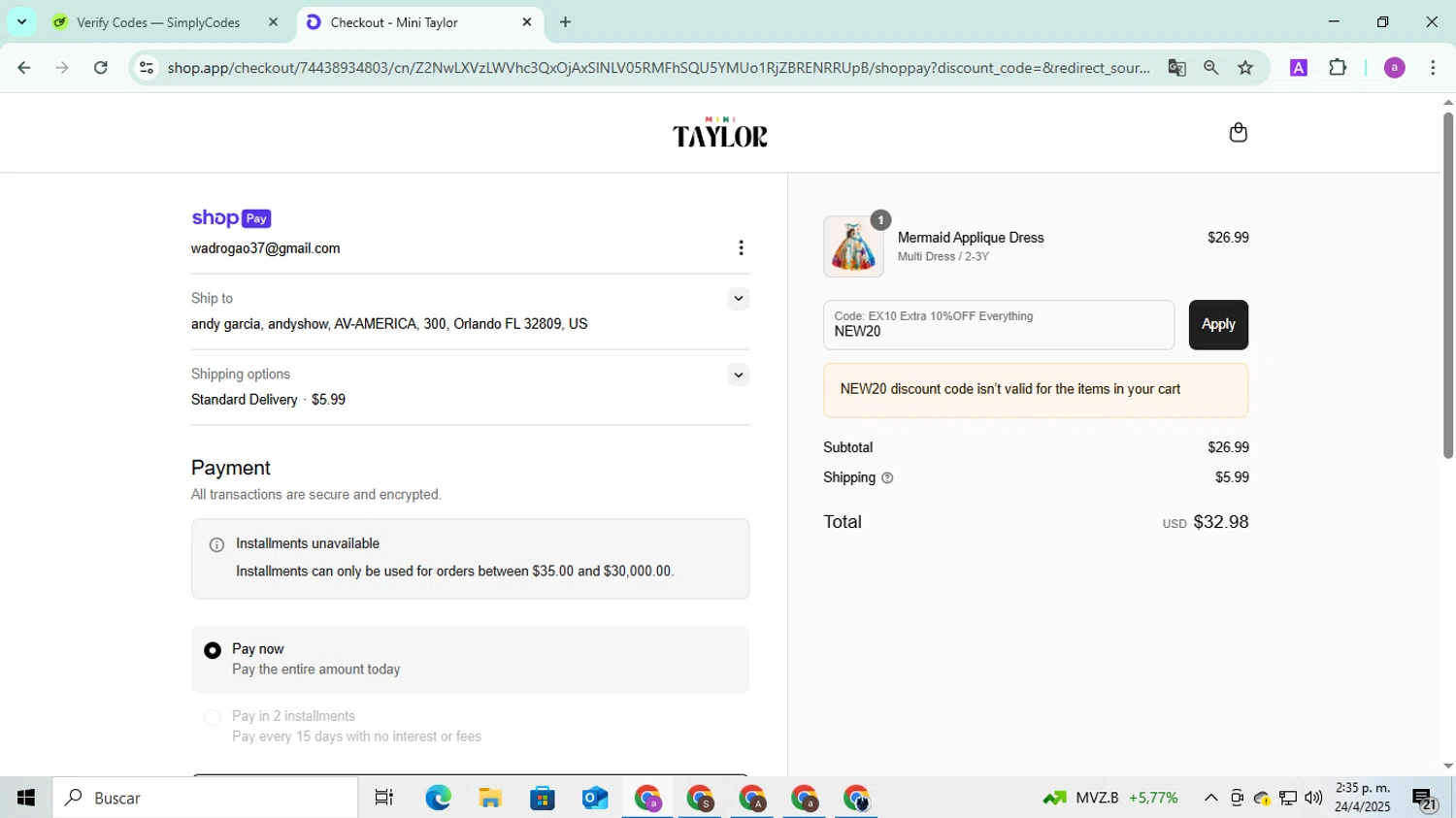 Mini Taylor promo code screenshot showing code NEW20 applied at Mini Taylor checkout page. Uploaded by SimplyCodes community member FortunatePilot2384 on Apr 24, 2025