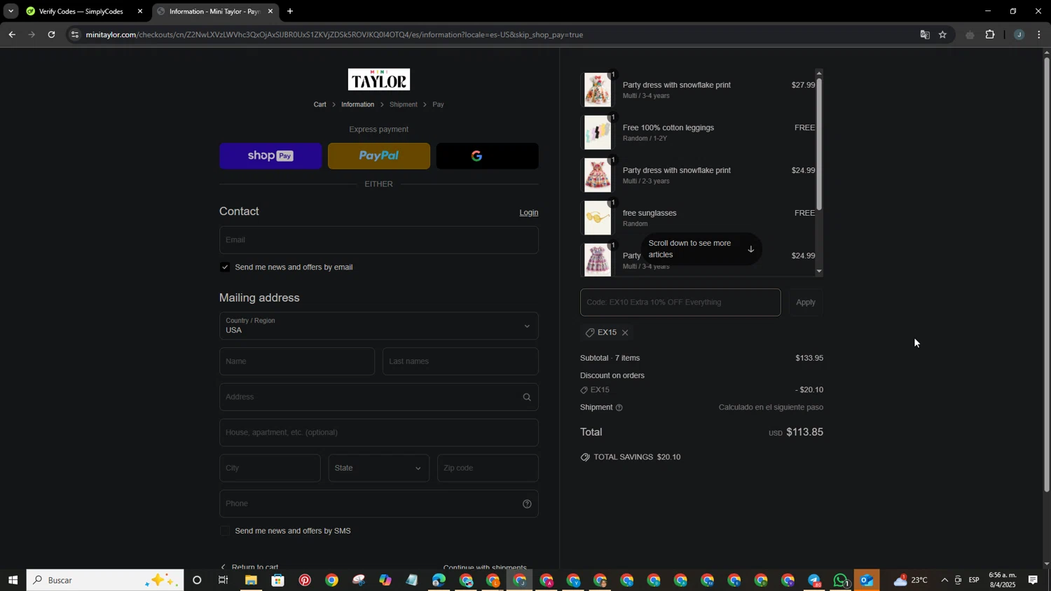 Mini Taylor promo code screenshot showing code EX15 applied at Mini Taylor checkout page. Uploaded by SimplyCodes community member BrilliantFox6031 on Apr 8, 2025
