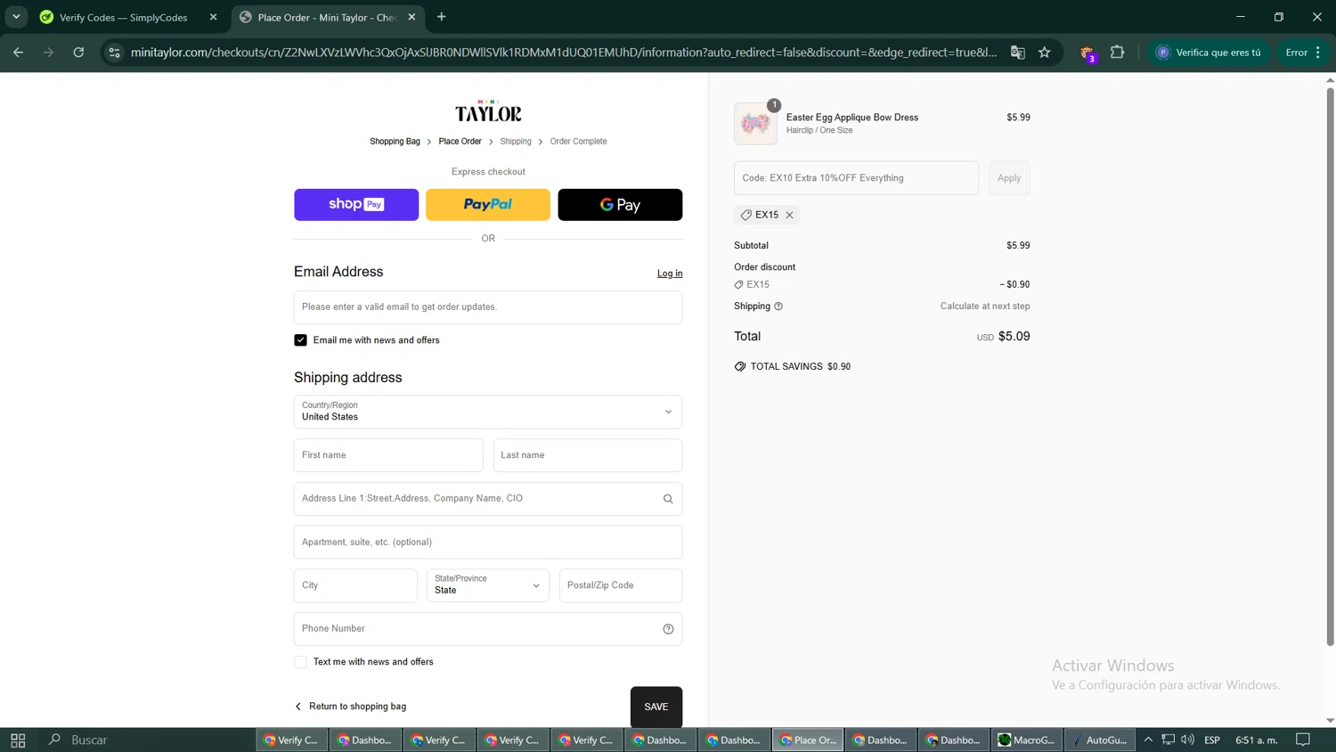 Mini Taylor promo code screenshot showing code EX15 applied at Mini Taylor checkout page. Uploaded by SimplyCodes community member MoneyExpert2102 on Apr 8, 2025