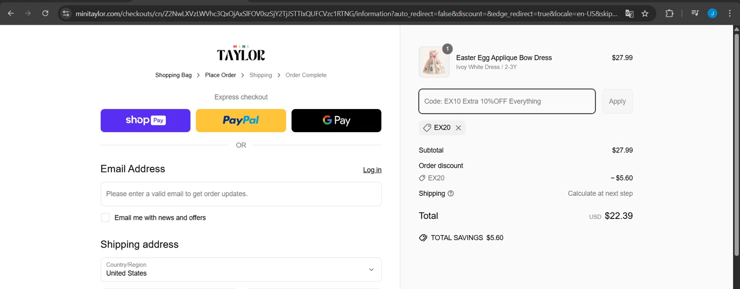 Mini Taylor promo code screenshot showing code EX20 applied at Mini Taylor checkout page. Uploaded by SimplyCodes community member Jeanjc on Mar 31, 2025