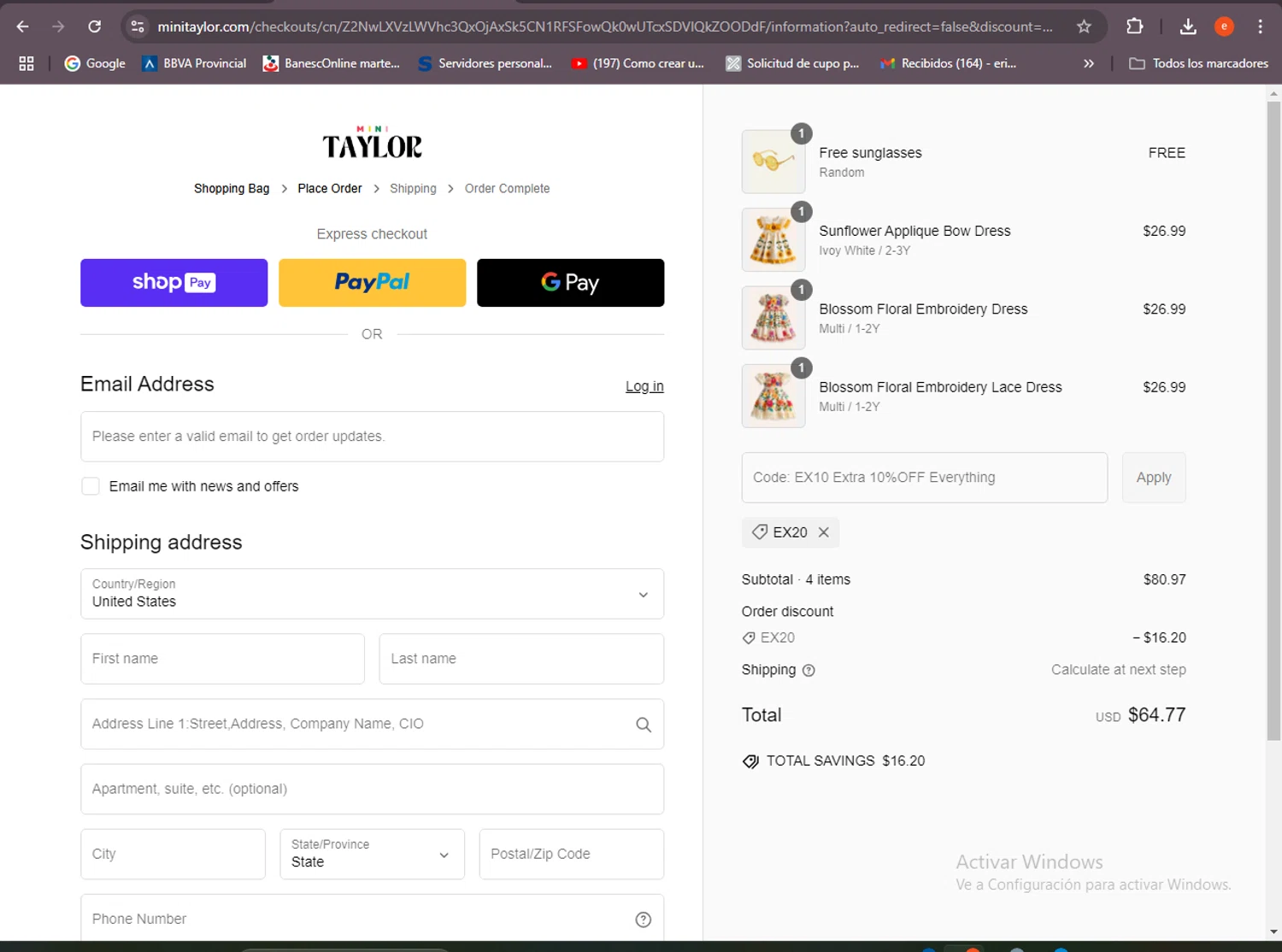 Mini Taylor promo code screenshot showing code EX20 applied at Mini Taylor checkout page. Uploaded by SimplyCodes community member BrilliantSleuth7740 on Mar 2, 2025