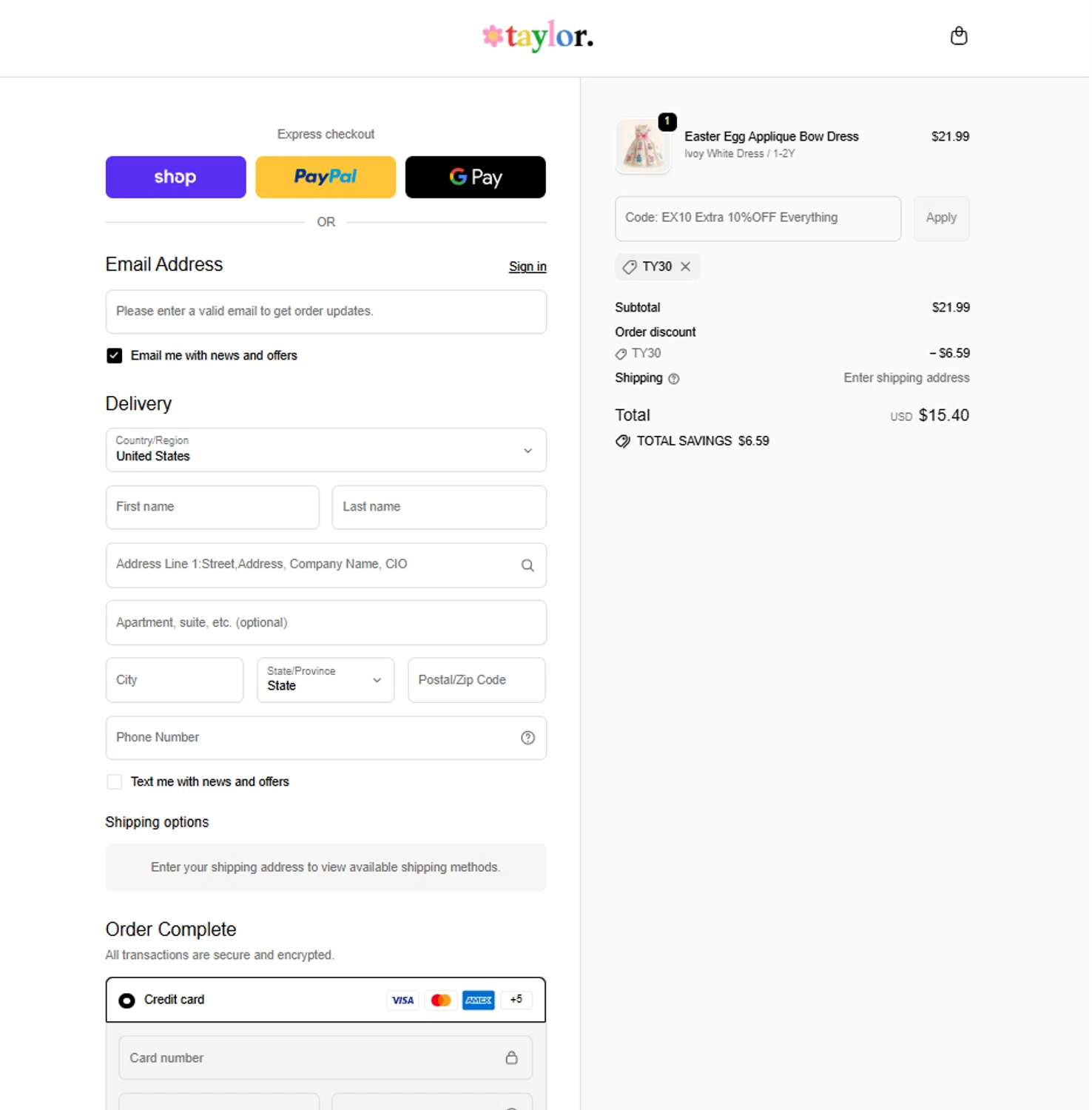 Mini Taylor promo code screenshot showing code TY30 applied at Mini Taylor checkout page. Uploaded by SimplyCodes community member reggiesmith on Jan 19, 2026