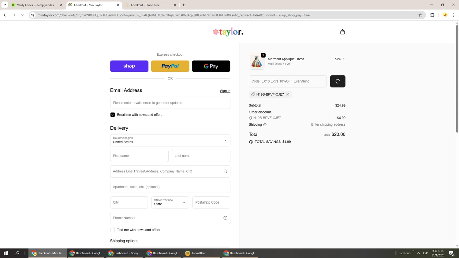 Mini Taylor checkout page showing Mini Taylor promo code box | Screenshot taken by SimplyCodes community member on Feb 1, 2026