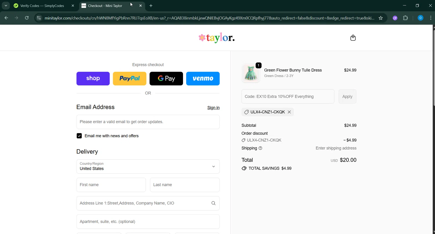 Mini Taylor checkout page showing Mini Taylor promo code box | Screenshot taken by SimplyCodes community member on Feb 3, 2026