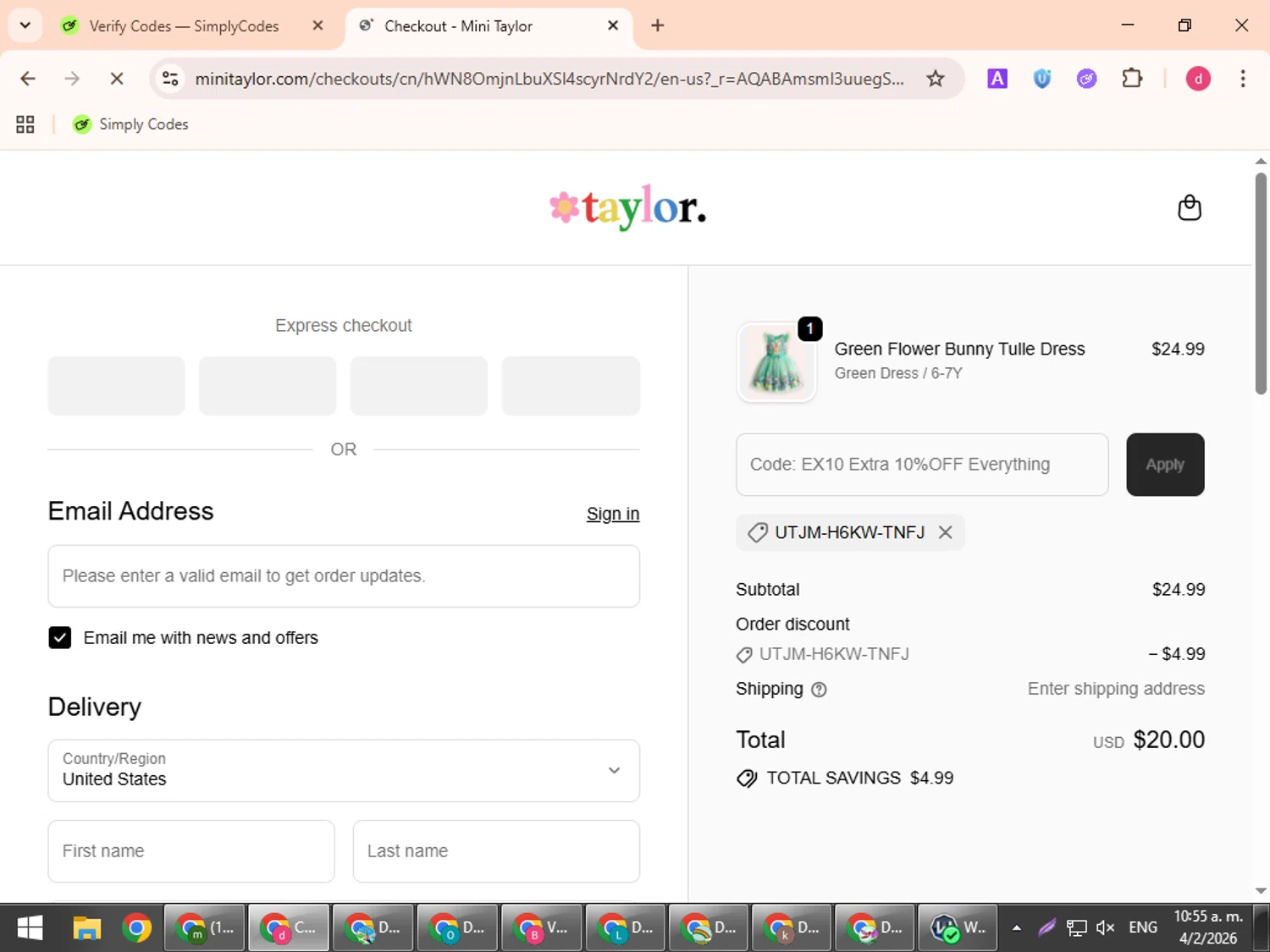Mini Taylor checkout page showing Mini Taylor promo code box | Screenshot taken by SimplyCodes community member on Feb 4, 2026