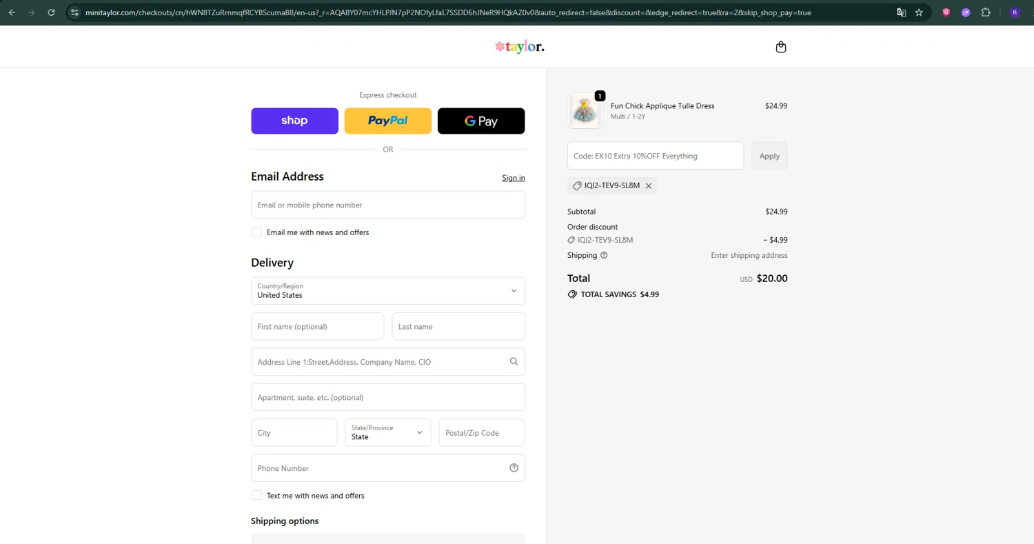 Mini Taylor checkout page showing Mini Taylor promo code box | Screenshot taken by SimplyCodes community member on Feb 6, 2026