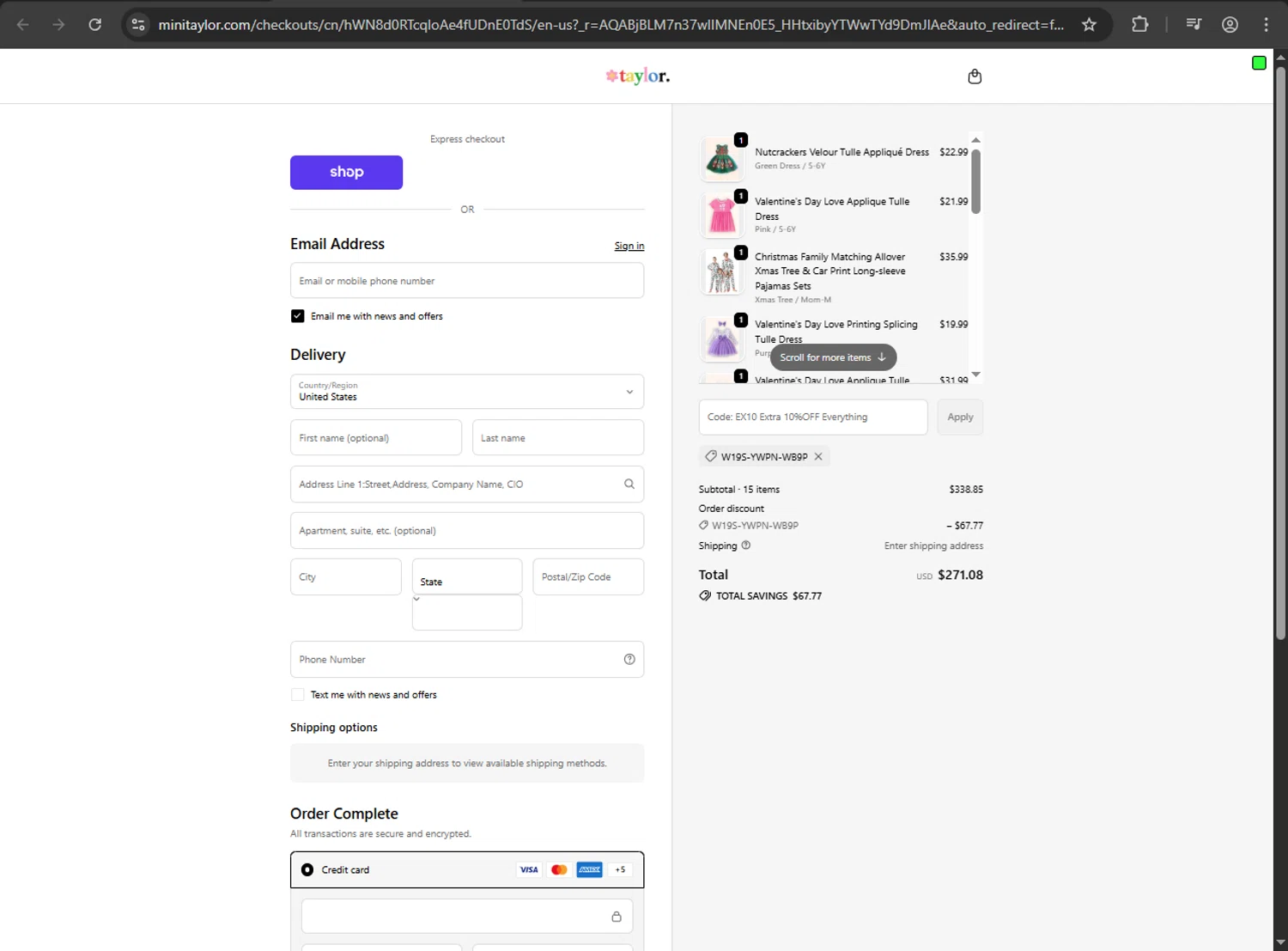 Mini Taylor checkout page showing Mini Taylor promo code box | Screenshot taken by SimplyCodes community member on Feb 10, 2026