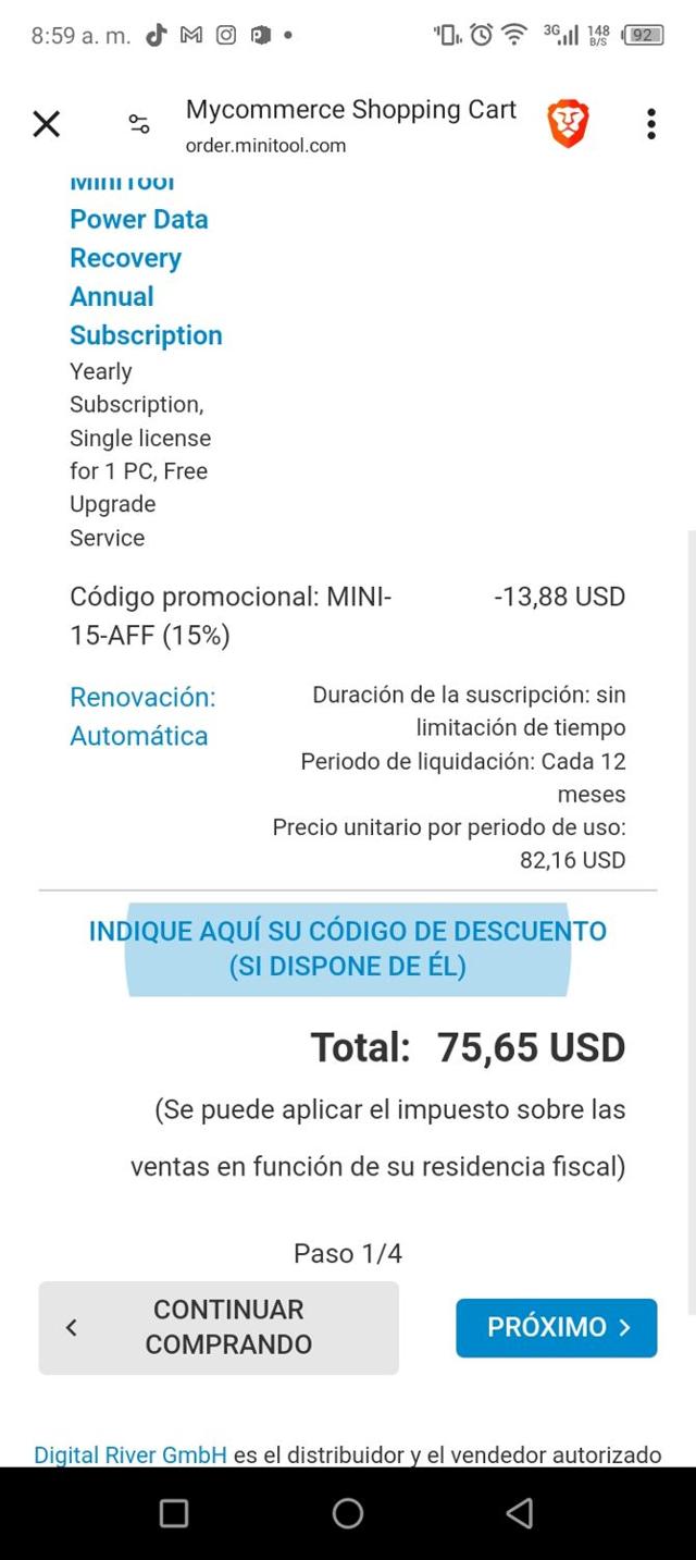 MiniTool checkout page showing MiniTool coupon code box | Screenshot taken by SimplyCodes community member on Jul 31, 2024