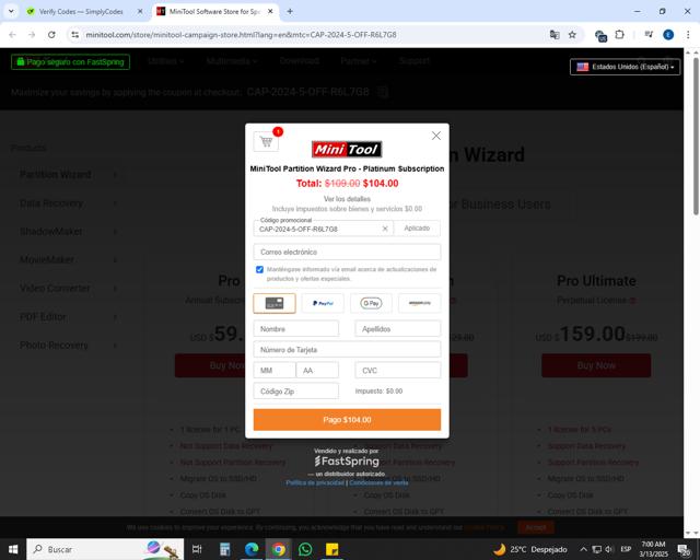 MiniTool checkout page showing MiniTool coupon code box | Screenshot taken by SimplyCodes community member on Mar 13, 2025