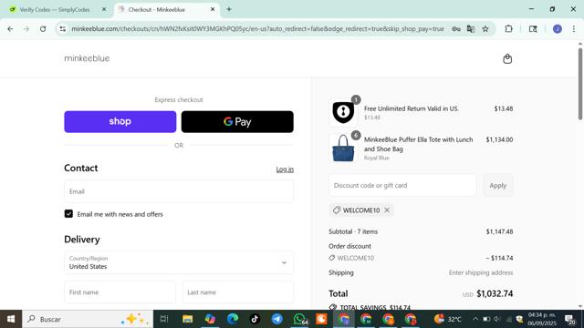 MinkeeBlue checkout page showing MinkeeBlue discount code box | Screenshot taken by SimplyCodes community member on Sep 6, 2025