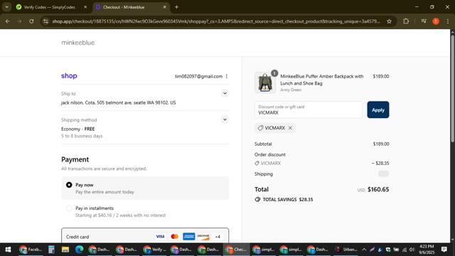 MinkeeBlue checkout page showing MinkeeBlue discount code box | Screenshot taken by SimplyCodes community member on Sep 6, 2025