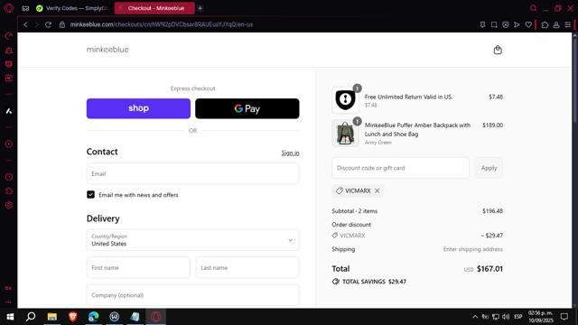 MinkeeBlue checkout page showing MinkeeBlue discount code box | Screenshot taken by SimplyCodes community member on Sep 10, 2025
