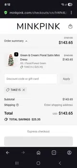 Take15 coupon verification screenshot