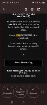 WEEKEND10 coupon verification screenshot
