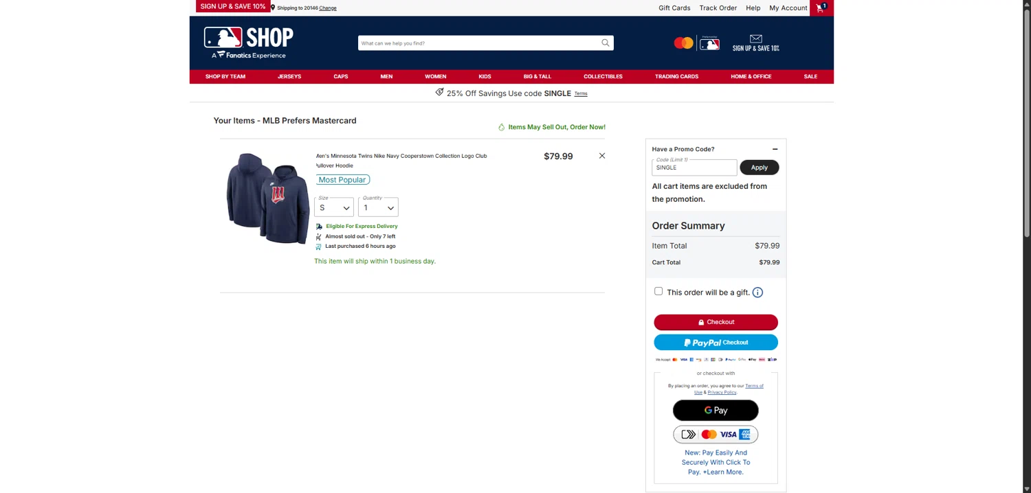 Minnesota Twins promo code screenshot showing code single applied at Minnesota Twins checkout page. Uploaded by SimplyCodes community member CodeAce1208 on Jan 15, 2026