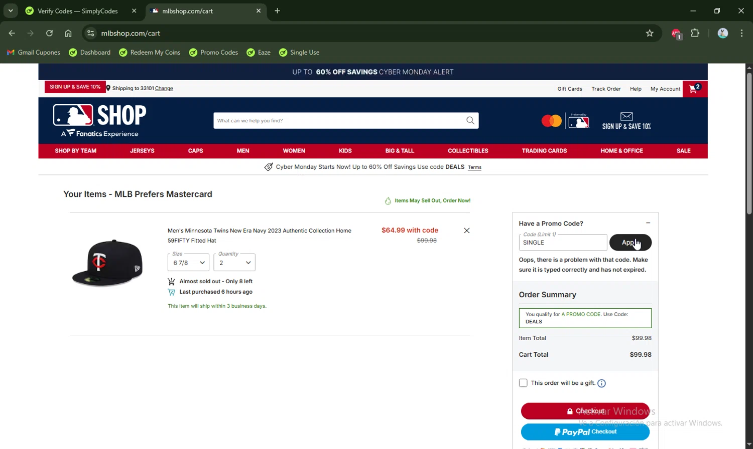 Minnesota Twins promo code screenshot showing code single applied at Minnesota Twins checkout page. Uploaded by SimplyCodes community member LHaunter2 on Nov 30, 2025