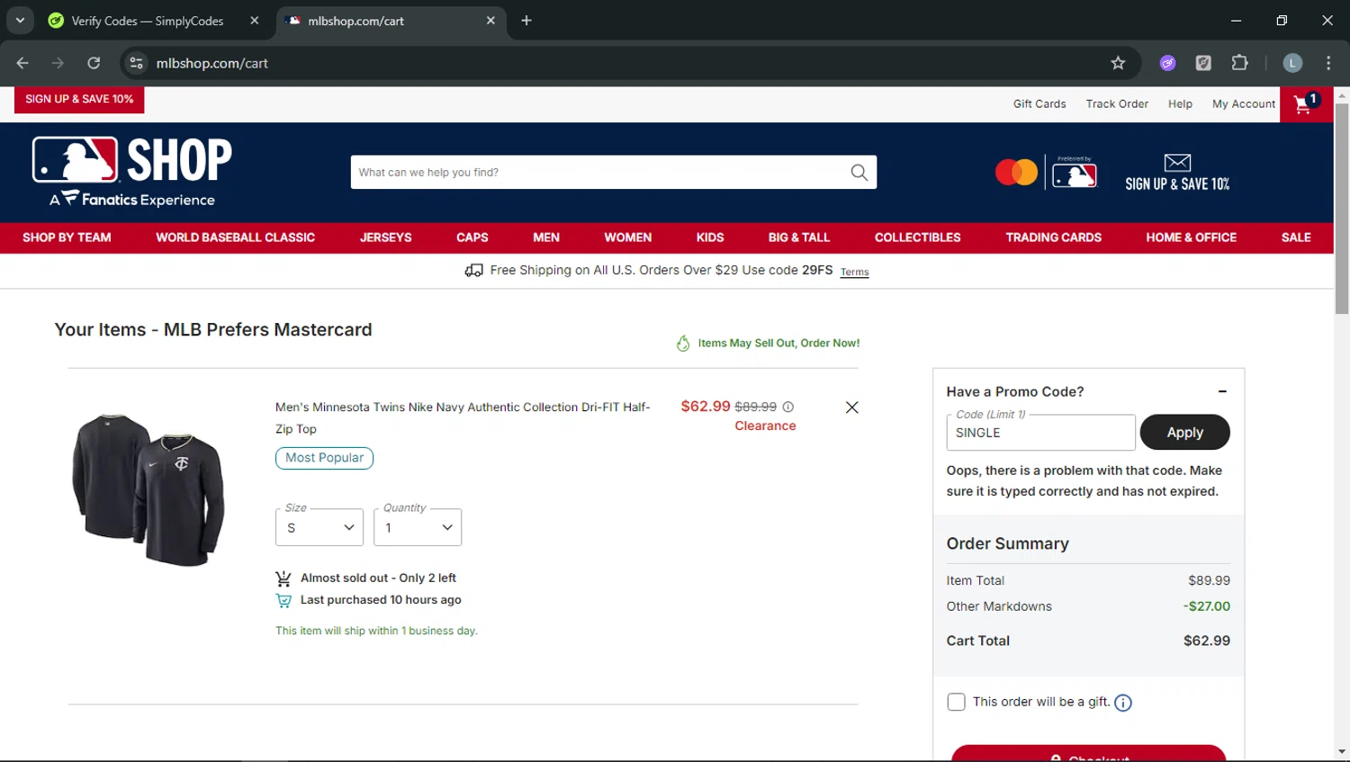 Minnesota Twins promo code screenshot showing code single applied at Minnesota Twins checkout page. Uploaded by SimplyCodes community member RoyalOwl5790 on Feb 3, 2026