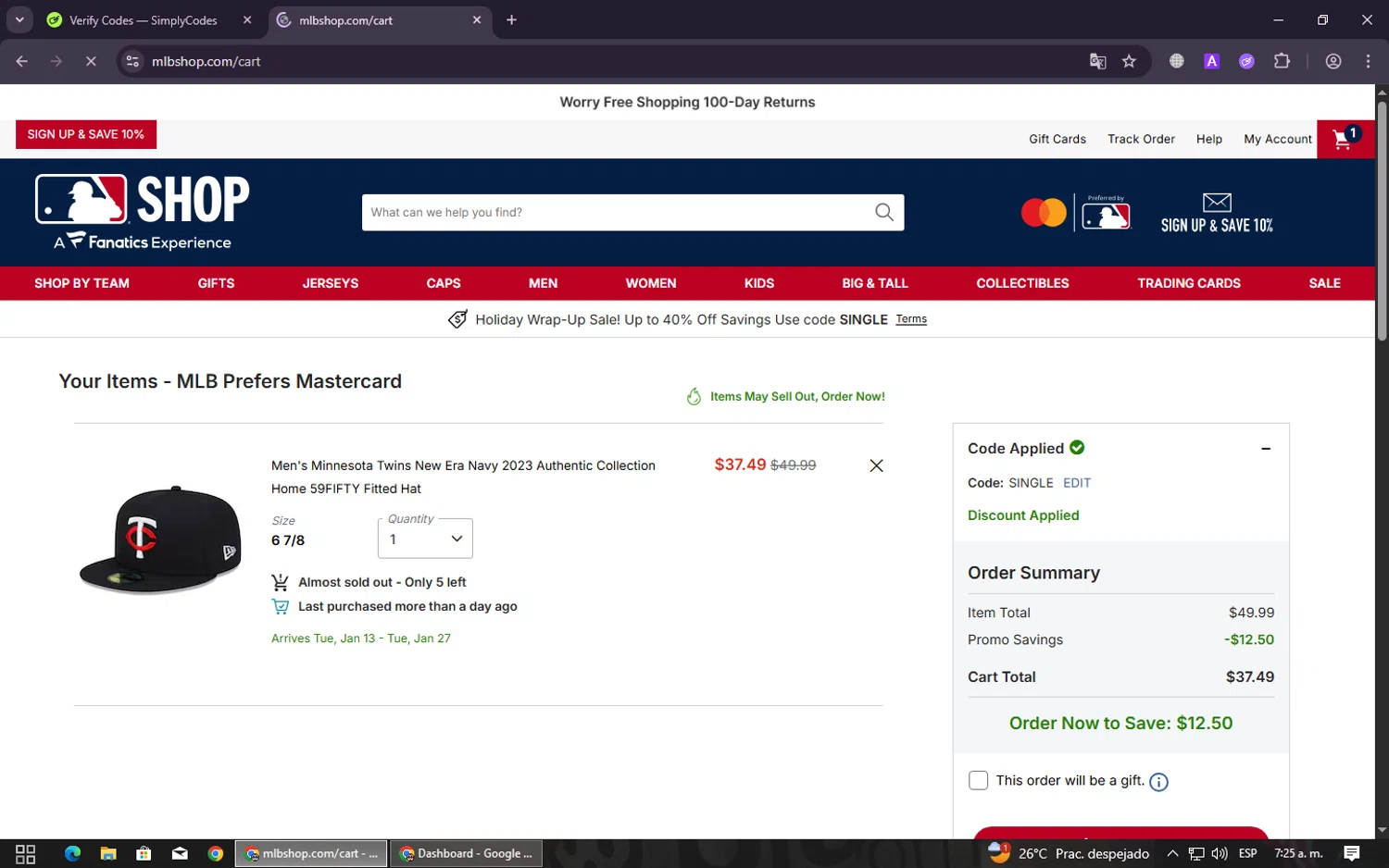 Minnesota Twins checkout page showing Minnesota Twins promo code box | Screenshot taken by SimplyCodes community member on Dec 28, 2025