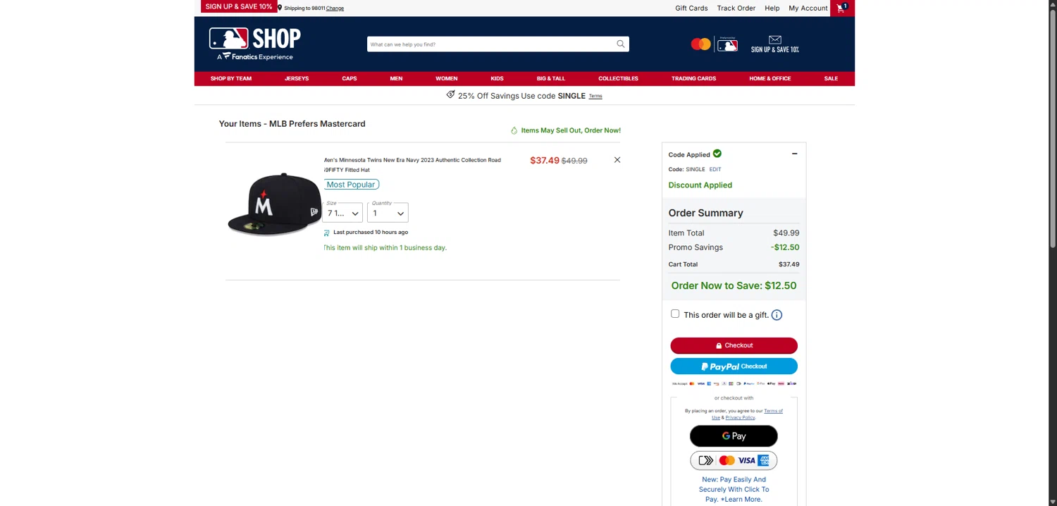 Minnesota Twins promo code screenshot showing code single applied at Minnesota Twins checkout page. Uploaded by SimplyCodes community member SwiftHunter5737 on Jan 15, 2026