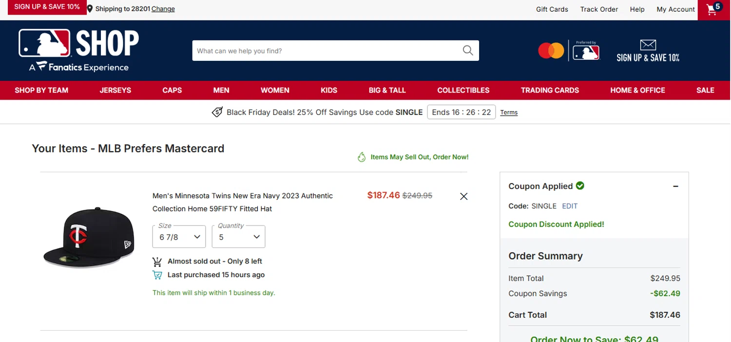 Minnesota Twins promo code screenshot showing code single applied at Minnesota Twins checkout page. Uploaded by SimplyCodes community member xHRxUltrax on Nov 18, 2025