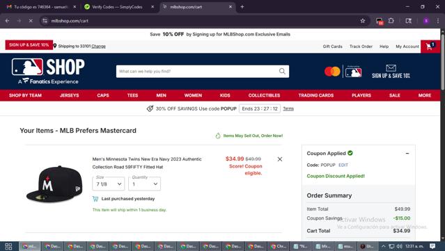 Minnesota Twins checkout page showing Minnesota Twins promo code box | Screenshot taken by SimplyCodes community member on Oct 3, 2025