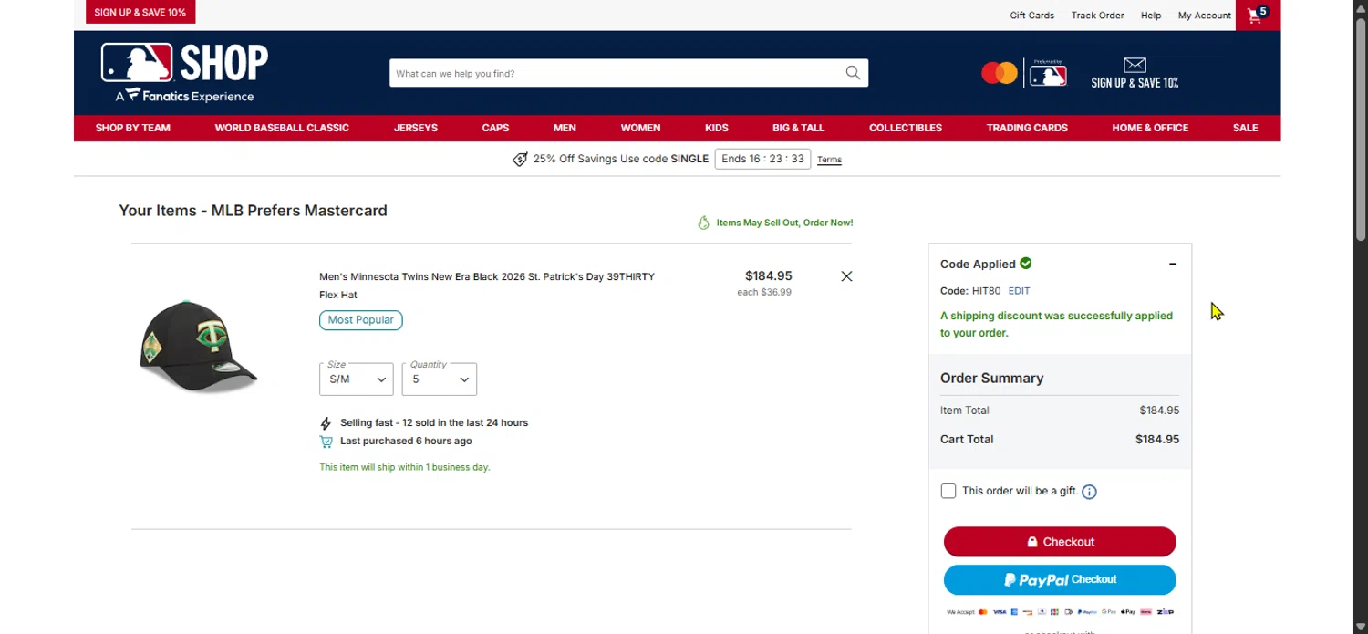 Minnesota Twins checkout page showing Minnesota Twins promo code box | Screenshot taken by SimplyCodes community member on Feb 21, 2026