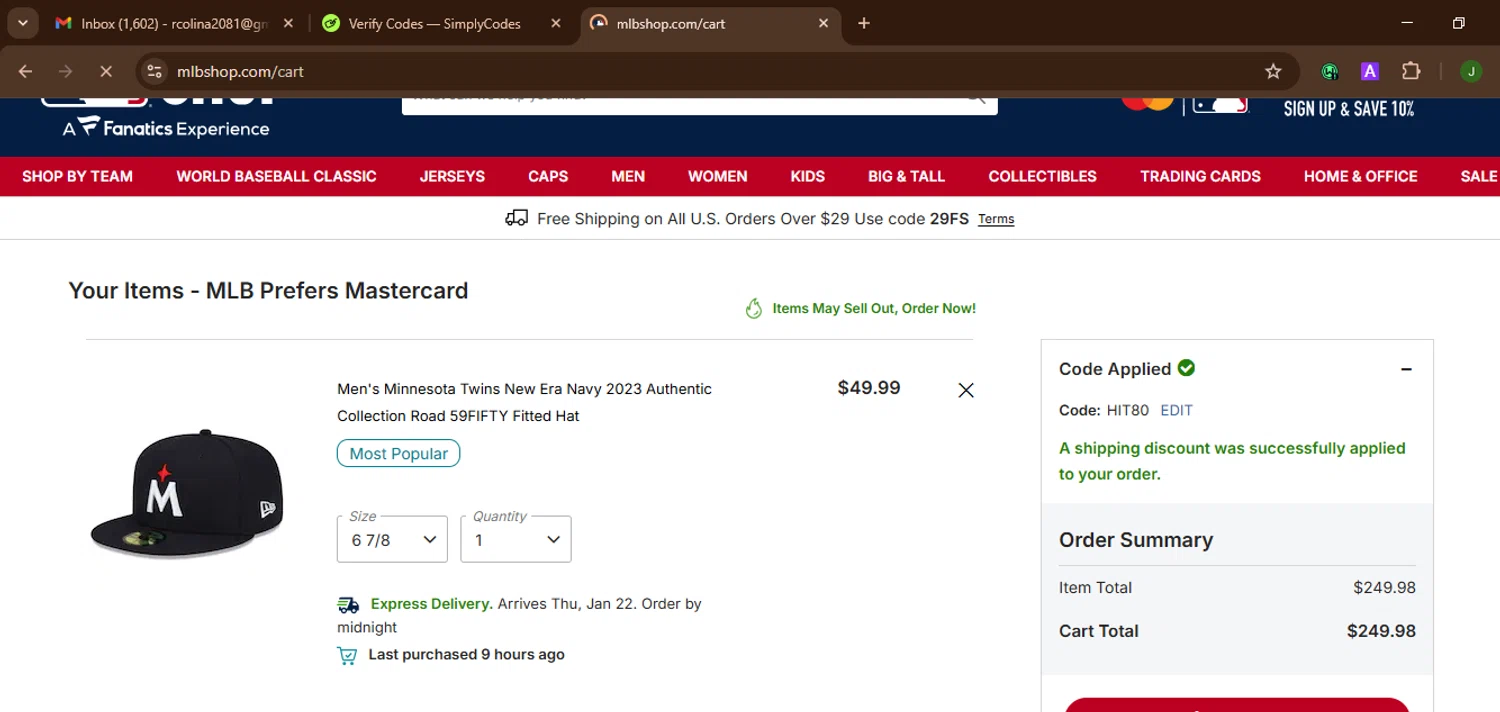 Minnesota Twins checkout page showing Minnesota Twins promo code box | Screenshot taken by SimplyCodes community member on Jan 19, 2026