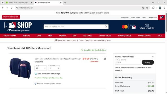 Minnesota Twins checkout page showing Minnesota Twins promo code box | Screenshot taken by SimplyCodes community member on Sep 11, 2025