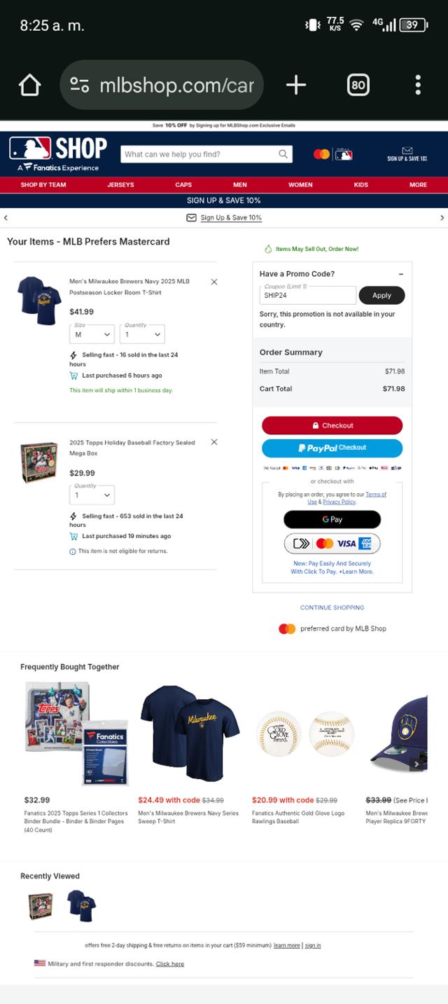 Minnesota Twins checkout page showing Minnesota Twins promo code box | Screenshot taken by SimplyCodes community member on Oct 3, 2025