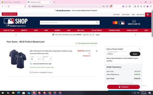 Minnesota Twins checkout page showing Minnesota Twins promo code box | Screenshot taken by SimplyCodes community member on Oct 3, 2025