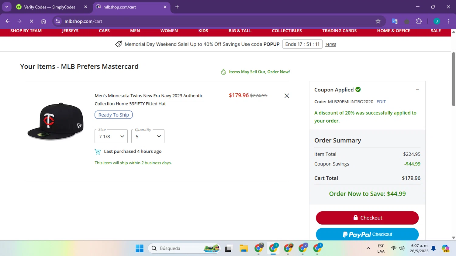 Minnesota Twins promo code screenshot showing code MLB20EMLINTRO2020 applied at Minnesota Twins checkout page. Uploaded by SimplyCodes community member JhofranGG on May 26, 2025