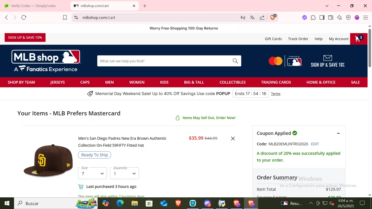 Minnesota Twins promo code screenshot showing code MLB20EMLINTRO2020 applied at Minnesota Twins checkout page. Uploaded by SimplyCodes community member CODMOBILE2 on May 26, 2025