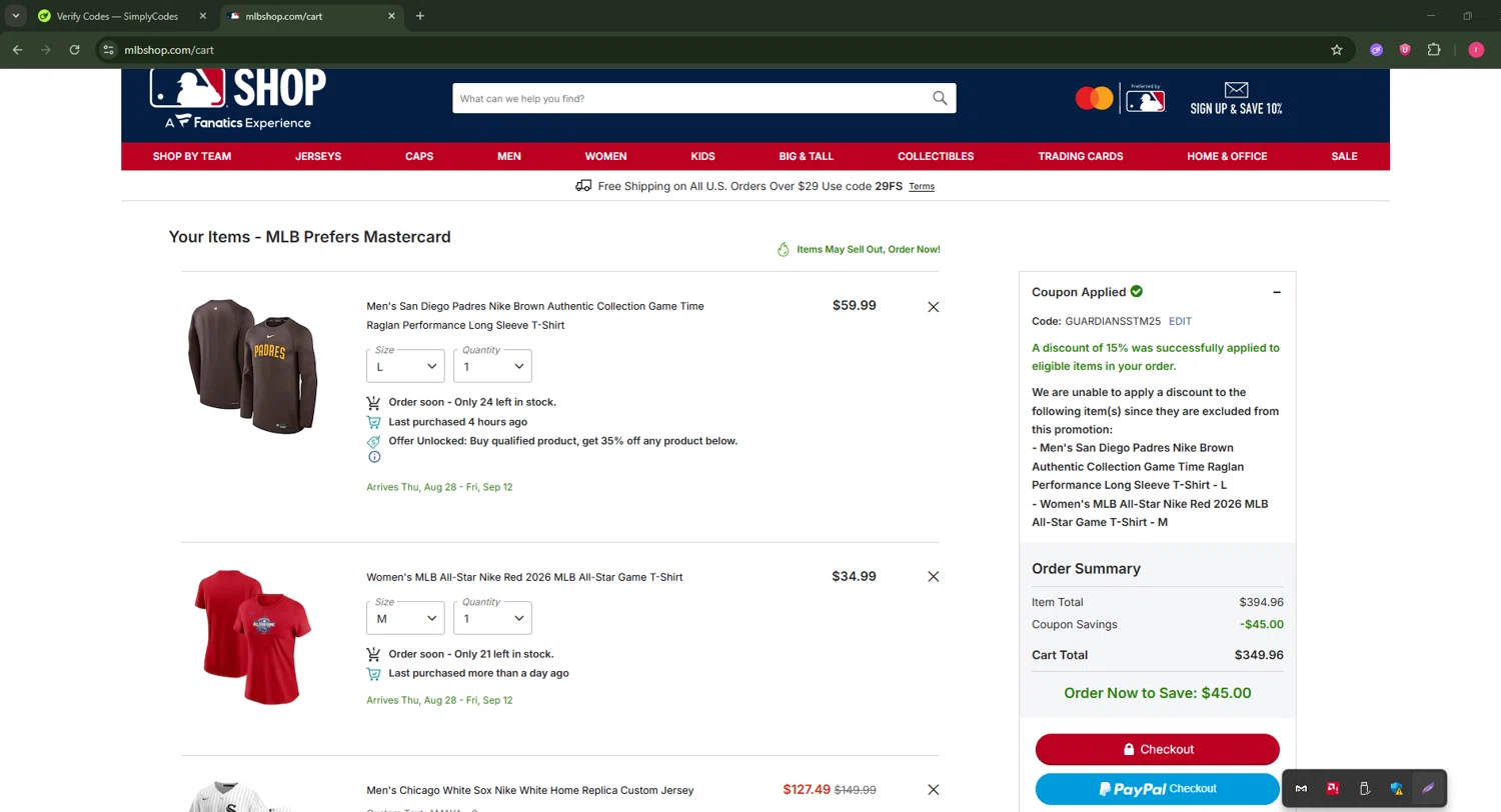 Minnesota Twins promo code screenshot showing code GUARDIANSSTM25 applied at Minnesota Twins checkout page. Uploaded by SimplyCodes community member CouponSage7331 on Aug 11, 2025
