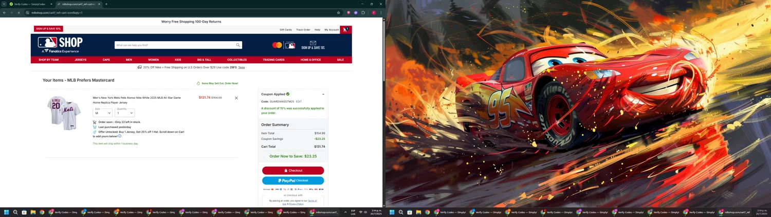 Minnesota Twins promo code screenshot showing code GUARDIANSSTM25 applied at Minnesota Twins checkout page. Uploaded by SimplyCodes community member ExtraordinaryVirtuoso281 on Jul 20, 2025