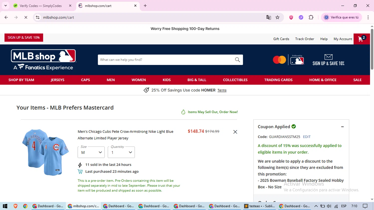 Minnesota Twins promo code screenshot showing code GUARDIANSSTM25 applied at Minnesota Twins checkout page. Uploaded by SimplyCodes community member loversuper on Jun 5, 2025