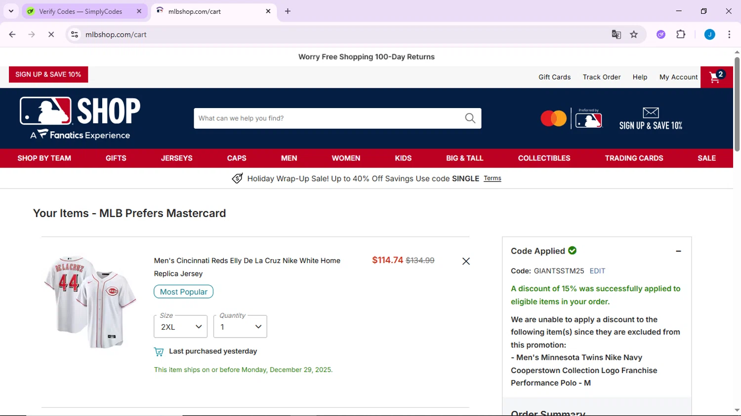 Minnesota Twins checkout page showing Minnesota Twins promo code box | Screenshot taken by SimplyCodes community member on Dec 27, 2025