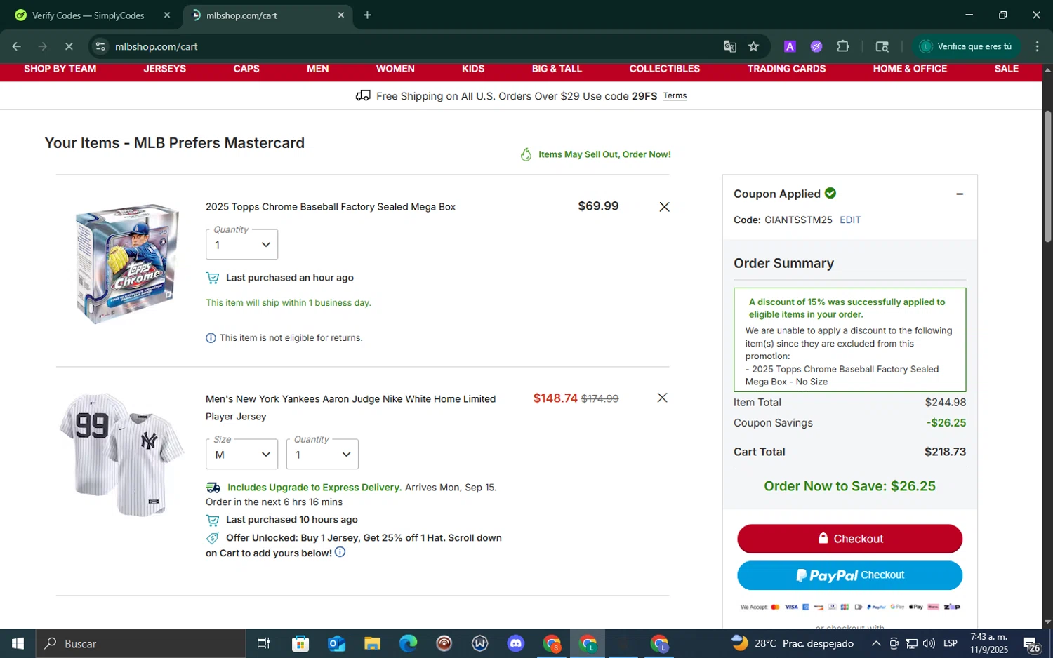 Minnesota Twins promo code screenshot showing code GIANTSSTM25 applied at Minnesota Twins checkout page. Uploaded by SimplyCodes community member ValueExpert7524 on Sep 11, 2025