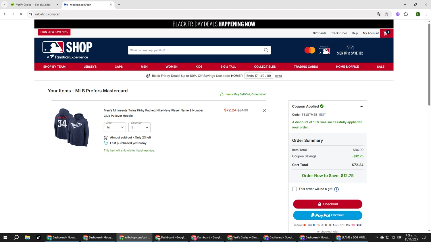 Minnesota Twins promo code screenshot showing code TBJSTM25 applied at Minnesota Twins checkout page. Uploaded by SimplyCodes community member DUCATI on Nov 21, 2025