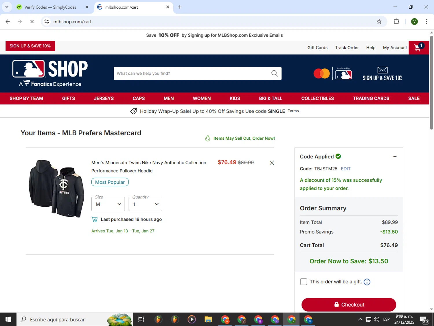 Minnesota Twins promo code screenshot showing code TBJSTM25 applied at Minnesota Twins checkout page. Uploaded by SimplyCodes community member PrimeWizard4168 on Dec 24, 2025