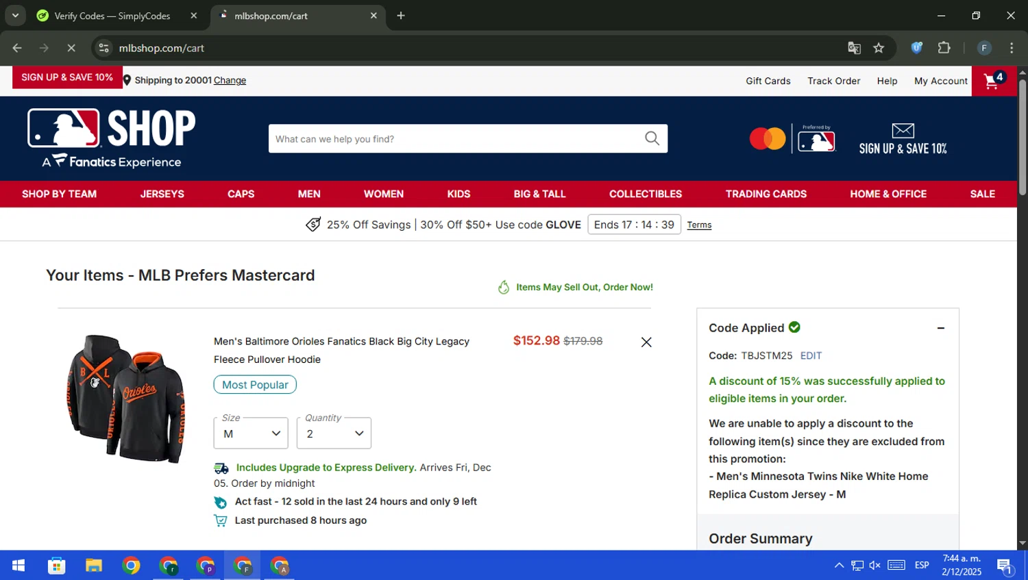 Minnesota Twins promo code screenshot showing code TBJSTM25 applied at Minnesota Twins checkout page. Uploaded by SimplyCodes community member pajarito on Dec 2, 2025
