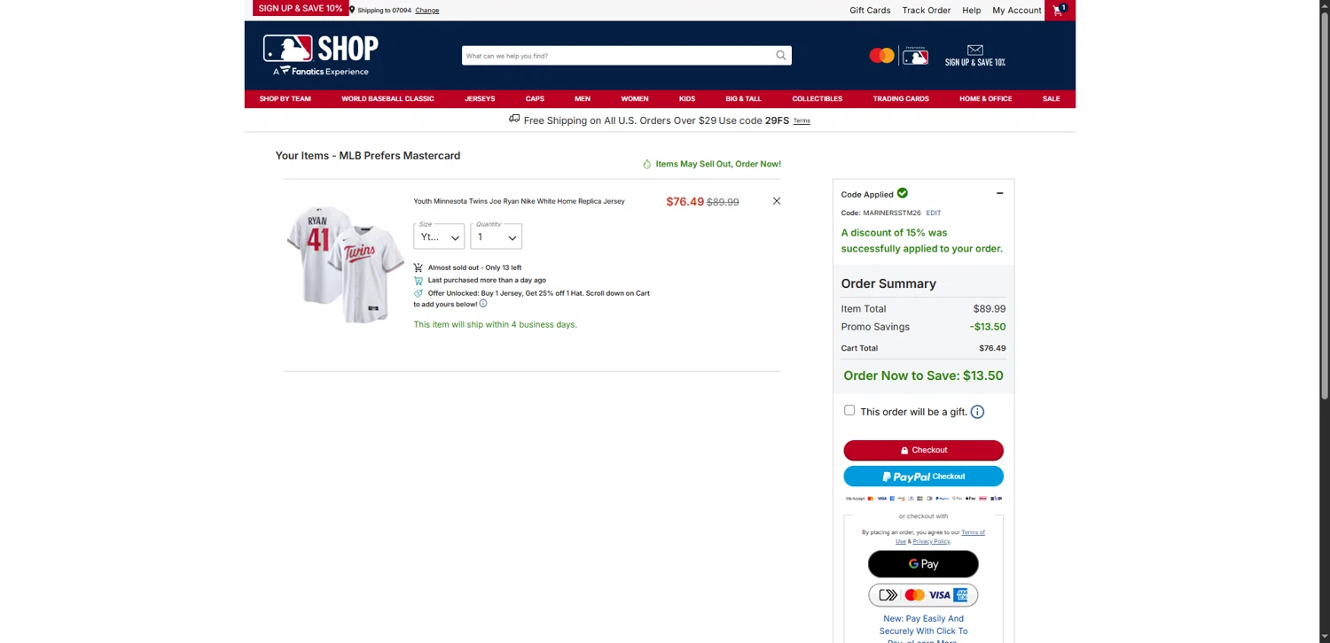 Minnesota Twins checkout page showing Minnesota Twins promo code box | Screenshot taken by SimplyCodes community member on Feb 22, 2026