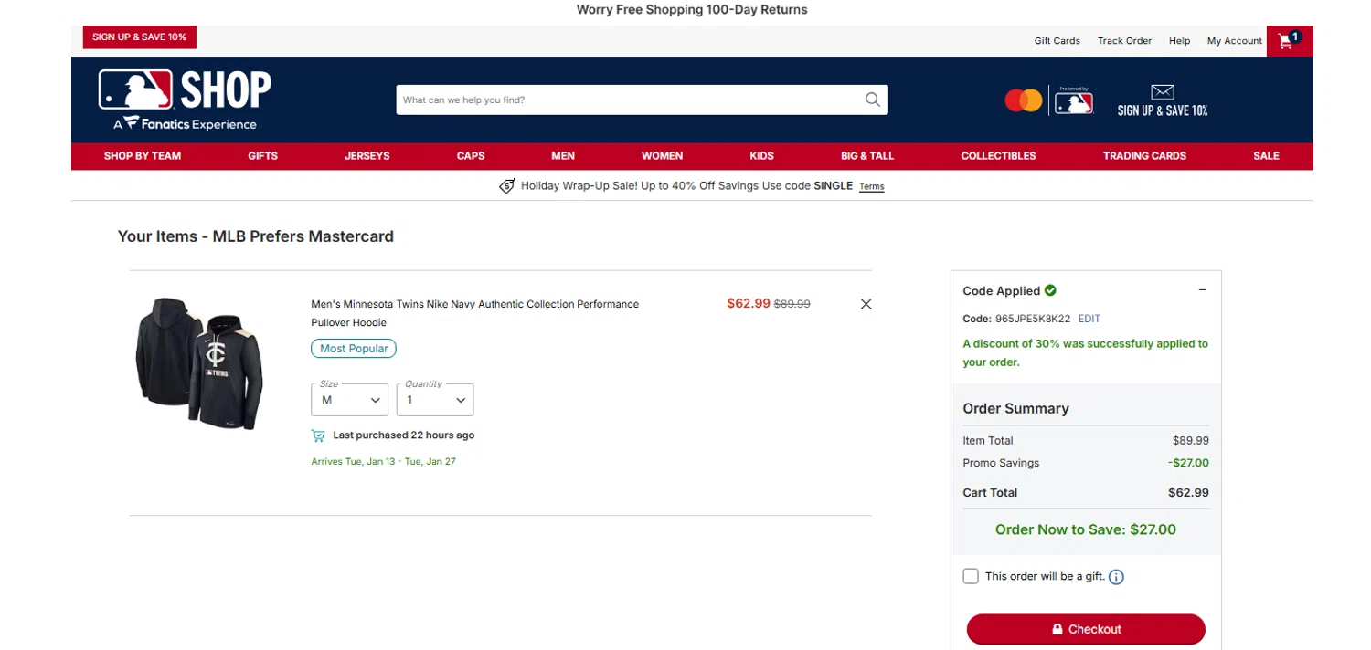 Minnesota Twins promo code screenshot showing code 965JPE5K8K22 applied at Minnesota Twins checkout page. Uploaded by SimplyCodes community member OnlywM on Dec 26, 2025