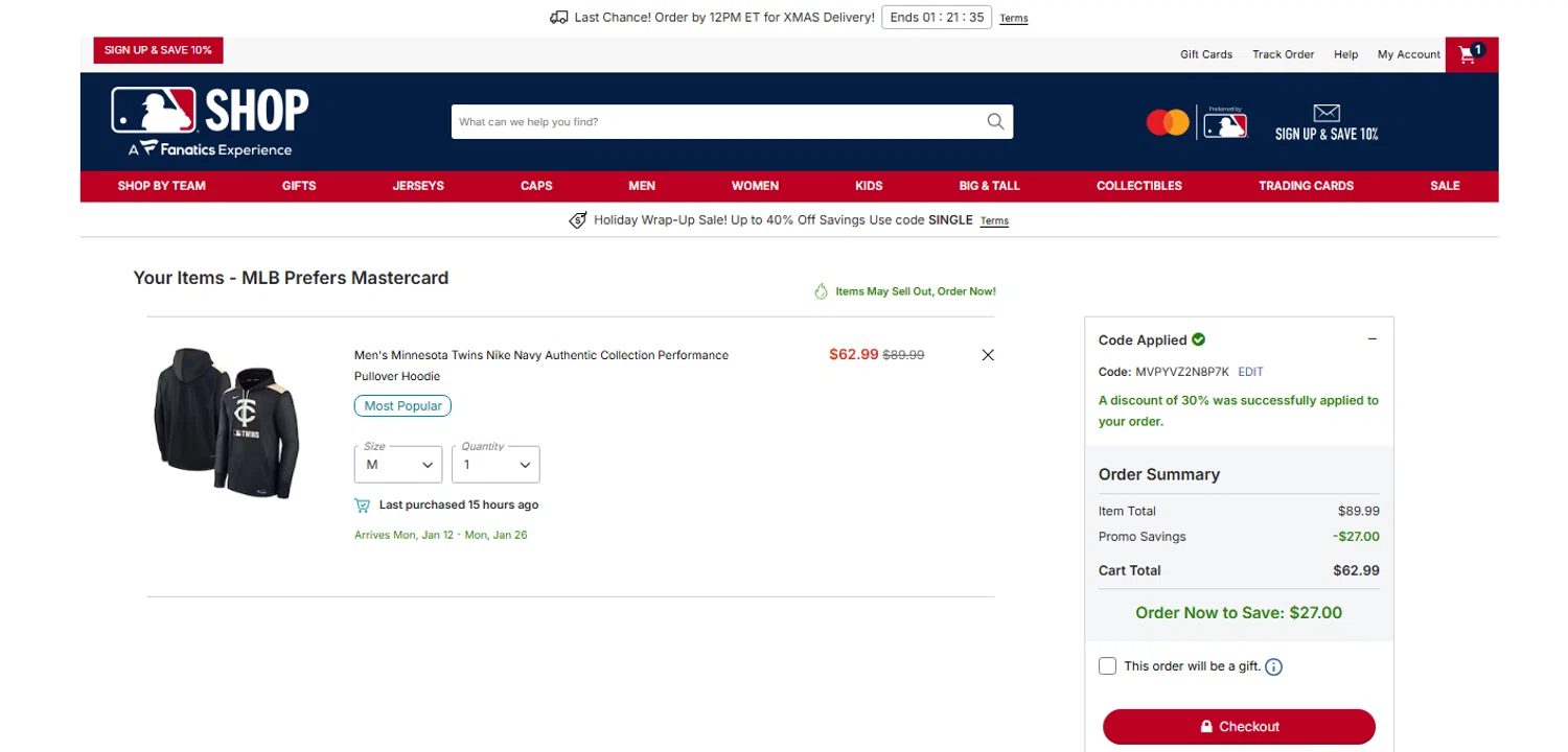 Minnesota Twins promo code screenshot showing code MVPYVZ2N8P7K applied at Minnesota Twins checkout page. Uploaded by SimplyCodes community member OnlywM on Dec 22, 2025