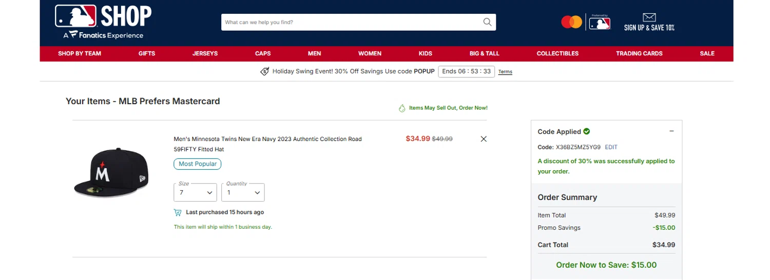 Minnesota Twins promo code screenshot showing code X36BZ5MZ5YG9 applied at Minnesota Twins checkout page. Uploaded by SimplyCodes community member OnlywM on Dec 18, 2025
