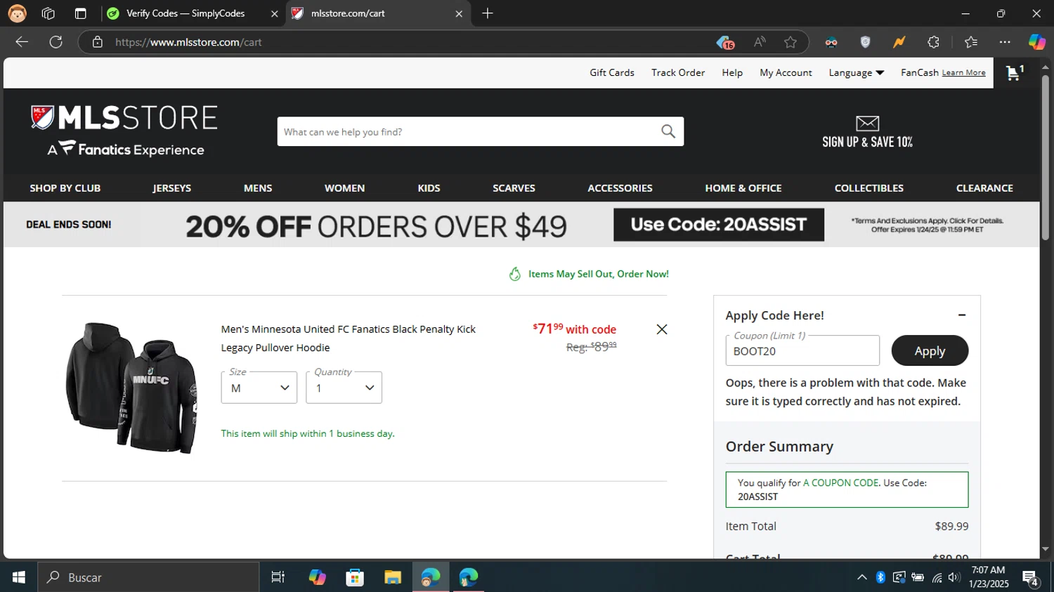 Minnesota United FC promo code screenshot showing code boot20 applied at Minnesota United FC checkout page. Uploaded by SimplyCodes community member Blackleg_Sanji on Jan 23, 2025