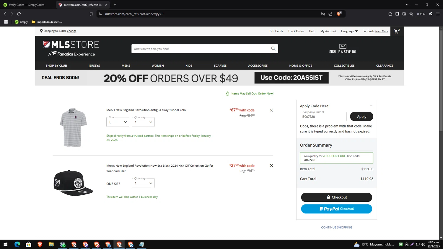Minnesota United FC promo code screenshot showing code boot20 applied at Minnesota United FC checkout page. Uploaded by SimplyCodes community member TreasureEagle7585 on Jan 23, 2025
