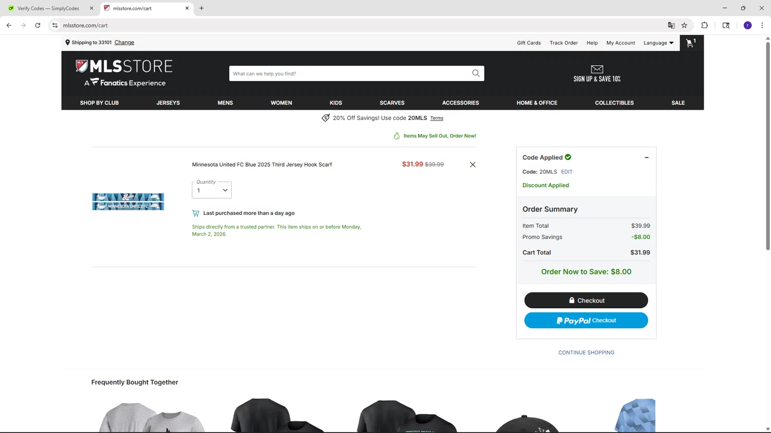 Minnesota United FC checkout page showing Minnesota United FC promo code box | Screenshot taken by SimplyCodes community member on Feb 25, 2026