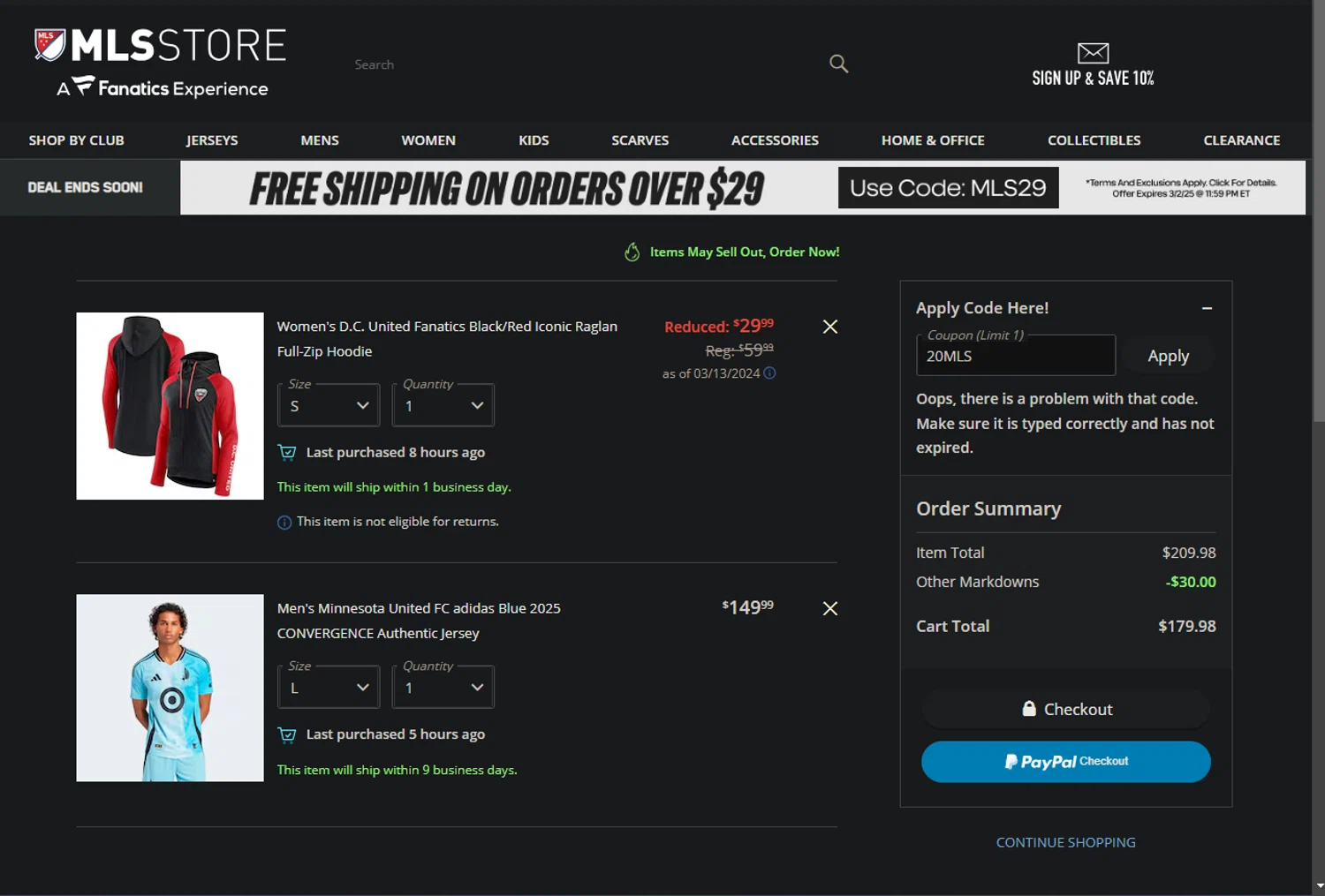 Minnesota United FC promo code screenshot showing code 20mls applied at Minnesota United FC checkout page. Uploaded by SimplyCodes community member MoneyWizard9842 on Mar 2, 2025