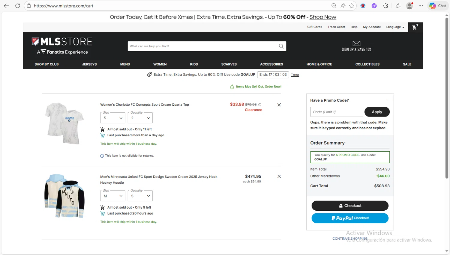Minnesota United FC promo code screenshot showing code 25mls applied at Minnesota United FC checkout page. Uploaded by SimplyCodes community member Franco20 on Dec 14, 2025