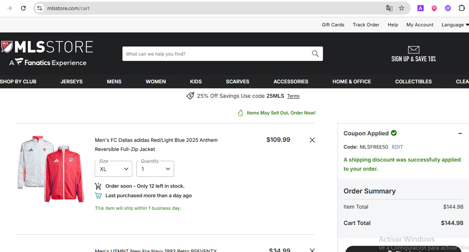 Minnesota United FC promo code screenshot showing code MLSFREE50 applied at Minnesota United FC checkout page. Uploaded by SimplyCodes community member TokenScout7028 on Jun 19, 2025